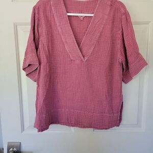 Faherty Dune Cotton Gauze Short Sleeve Popover Women's Pink V-Neck Top